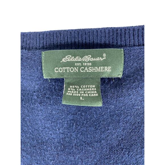 Eddie Bauer Mens Sweater Size Large Navy Blue Cotton Cashmere Blend V Neck - Picture 3 of 7
